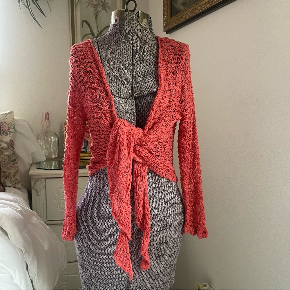 Y2K coral crochet knit cardigan